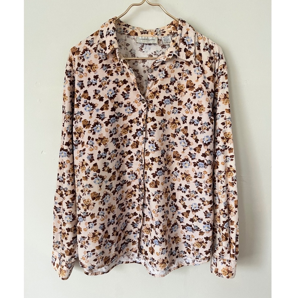 Lemon Grass Vintage Floral Corduroy Button Down Shirt XL Neutral Cottagecore